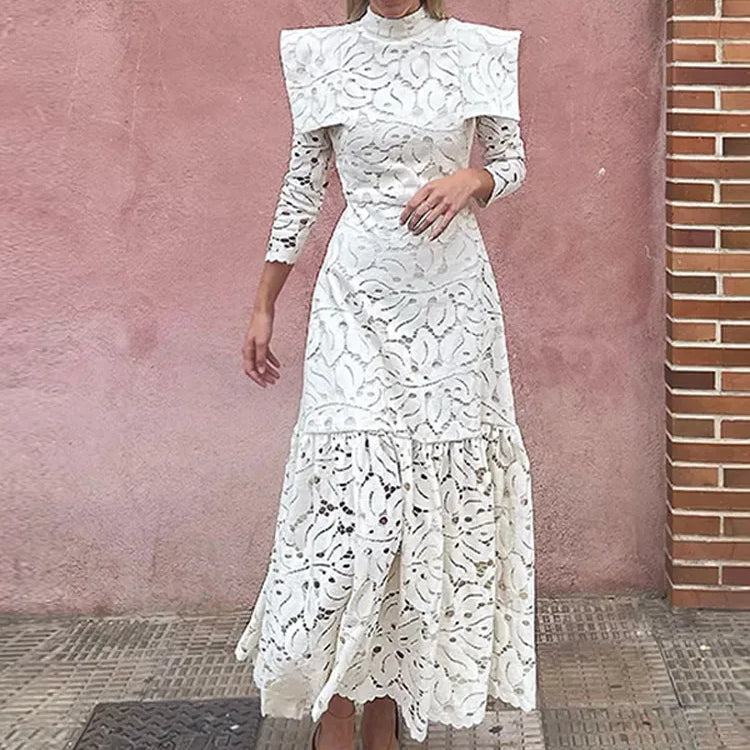 Elegant Hollowed Lace Maxi White Dress Women Fashion Mock Neck Long Sleeved Shoulder Padded Robes 2024 Evening Women's Clothing