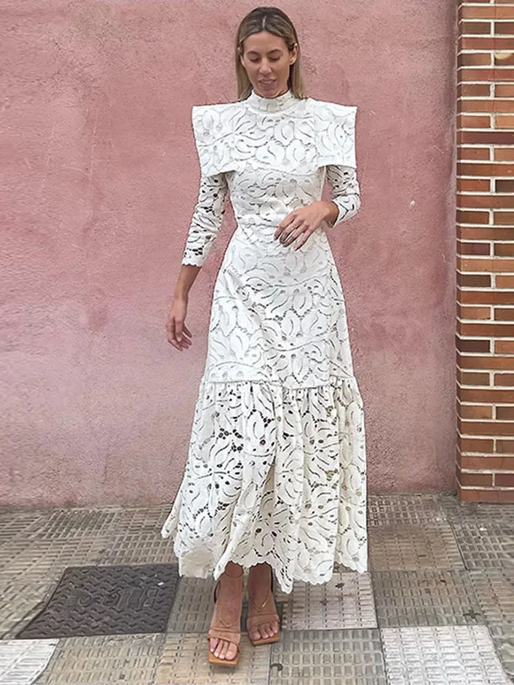 Elegant Hollowed Lace Maxi White Dress Women Fashion Mock Neck Long Sleeved Shoulder Padded Robes 2024 Evening Women's Clothing