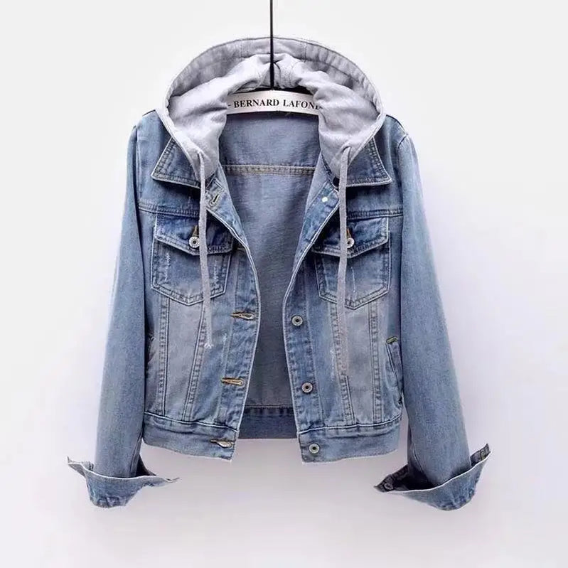 Denim Jacket Woman Hooded Short Style Clothing Retro Topcoat Pocket Buttons Long Sleeved Warm Tops Loose Fitting Autumn Winter Light blue