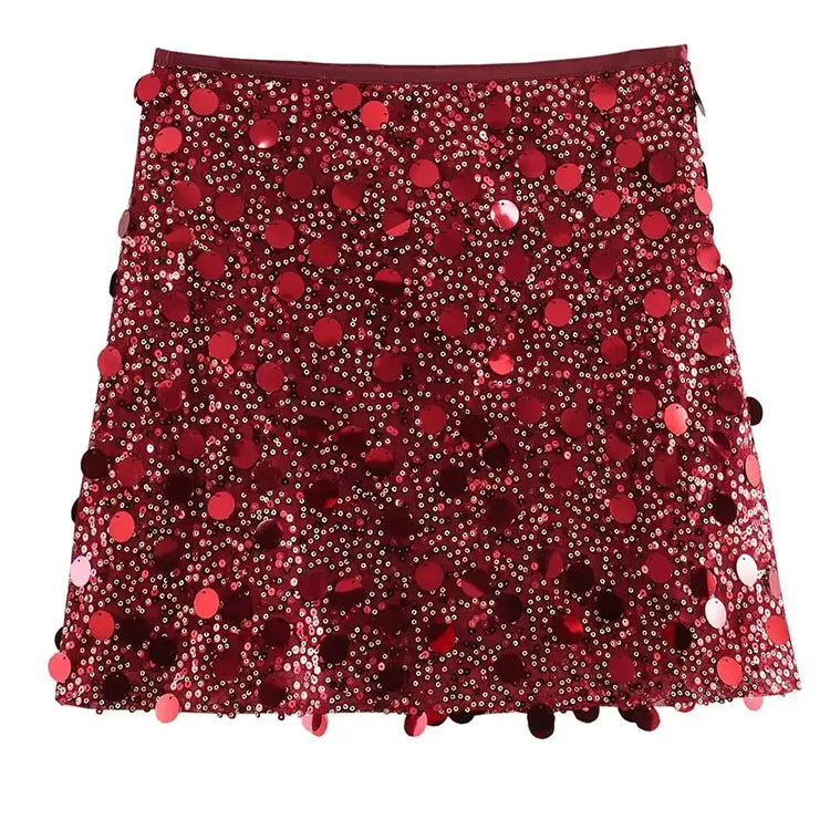 TRAFZA Women New Fashion Y2K Shiny Sequin Skirt Female Elegant High Waist Mini Skirts Casual Woman Sexy Chic Party Skirts