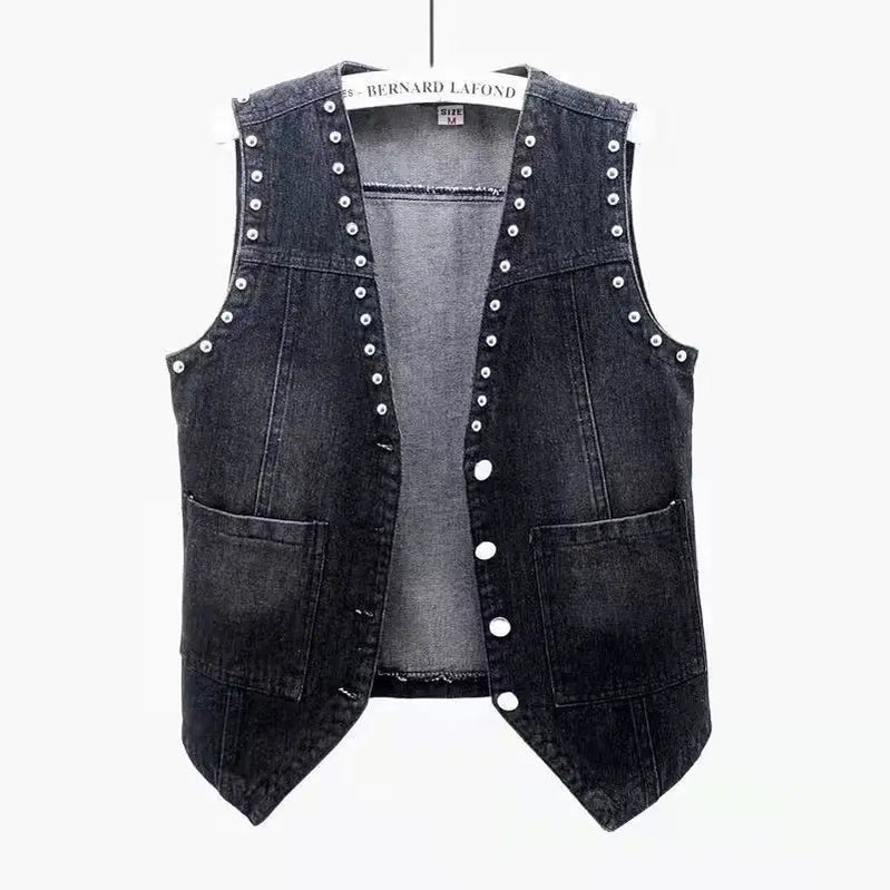 Women's Korean Style Lace Beaded Denim Vest Denim Waistcoat Fashion Cardigan Sleeveless Cropped Top Loose Plus Size Ripped Vest black