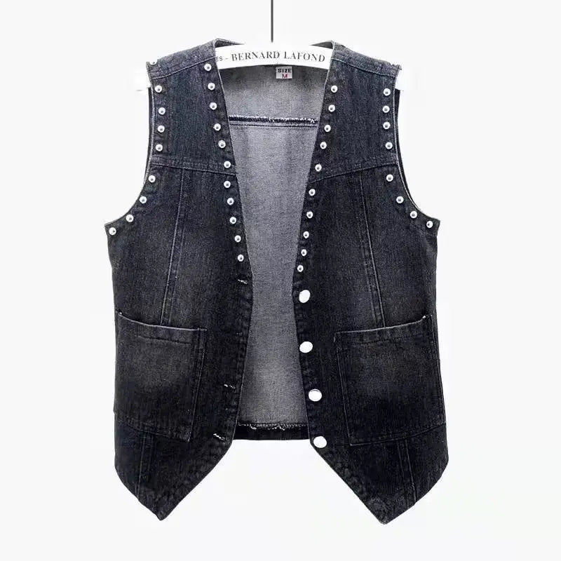 Women's Korean Style Lace Beaded Denim Vest Denim Waistcoat Fashion Cardigan Sleeveless Cropped Top Loose Plus Size Ripped Vest black