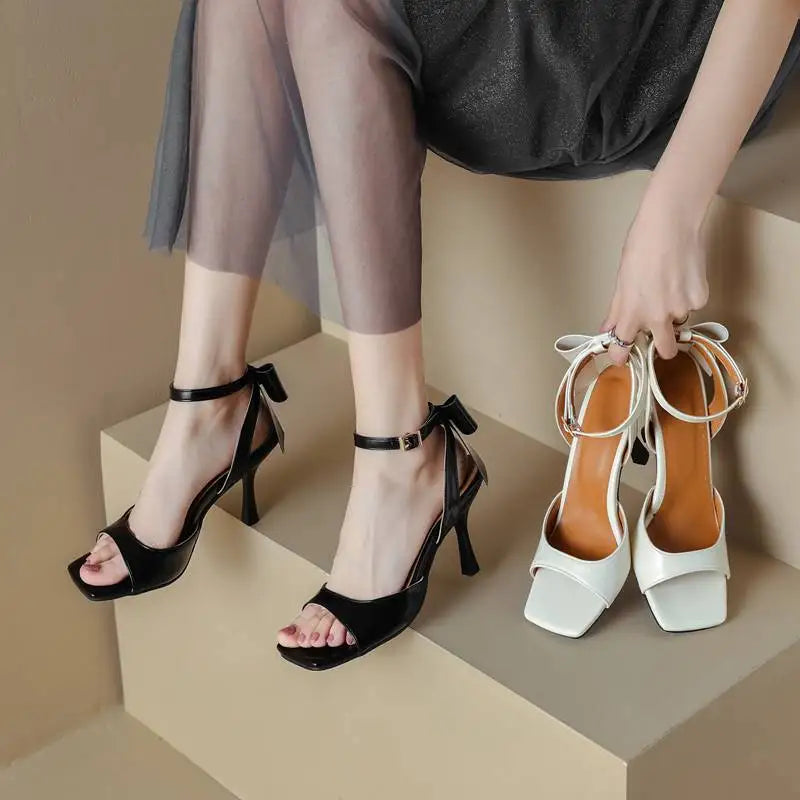 SIMLOVEYO Brand Women Sandals Toe Thin Heel 8.5cm Buckle Strap Bowknot 45 46 47 48 Dating Female Shoes