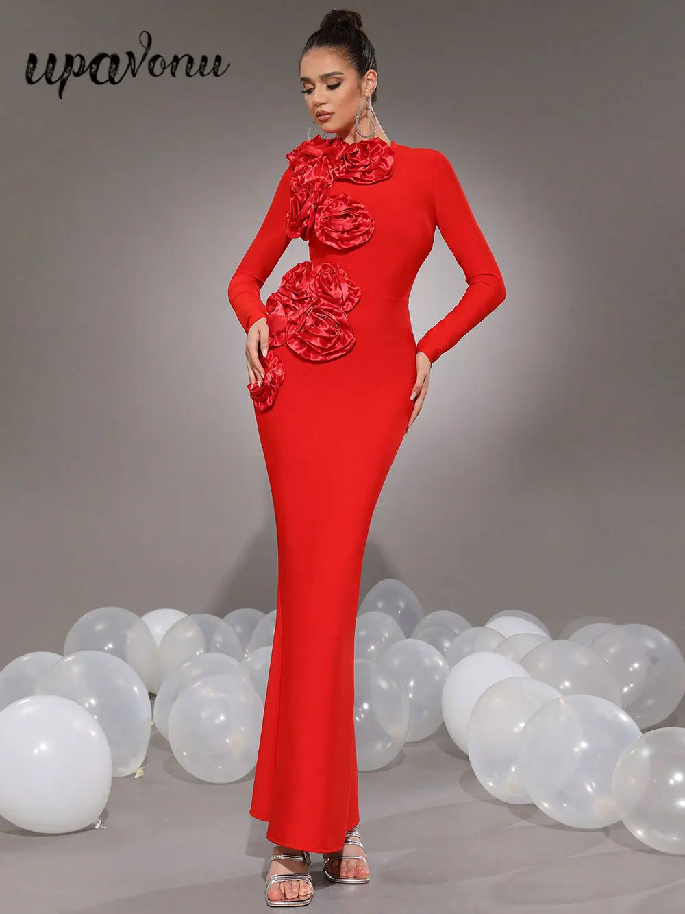 2025 Elegant Women's 3D Flower Decorative Bandage Dress O-neck Long Sleeve Bodycon Long Dress Cocktail Evening Party Vestidos