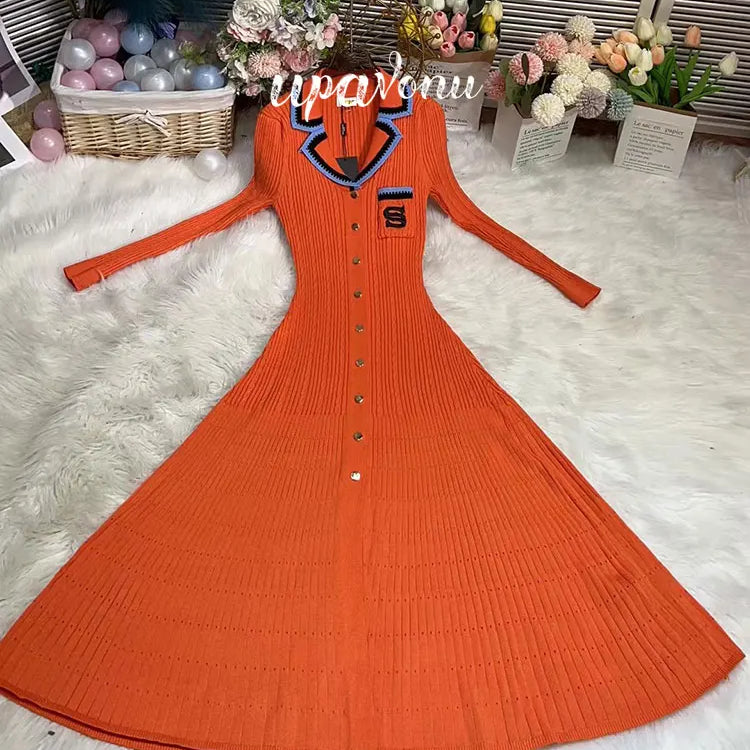 Elegant Women's Slim Fit Knitted Dress Fashionable Polo Neck Short Sleeve Single breasted Design Split Knitted Mid length Dress