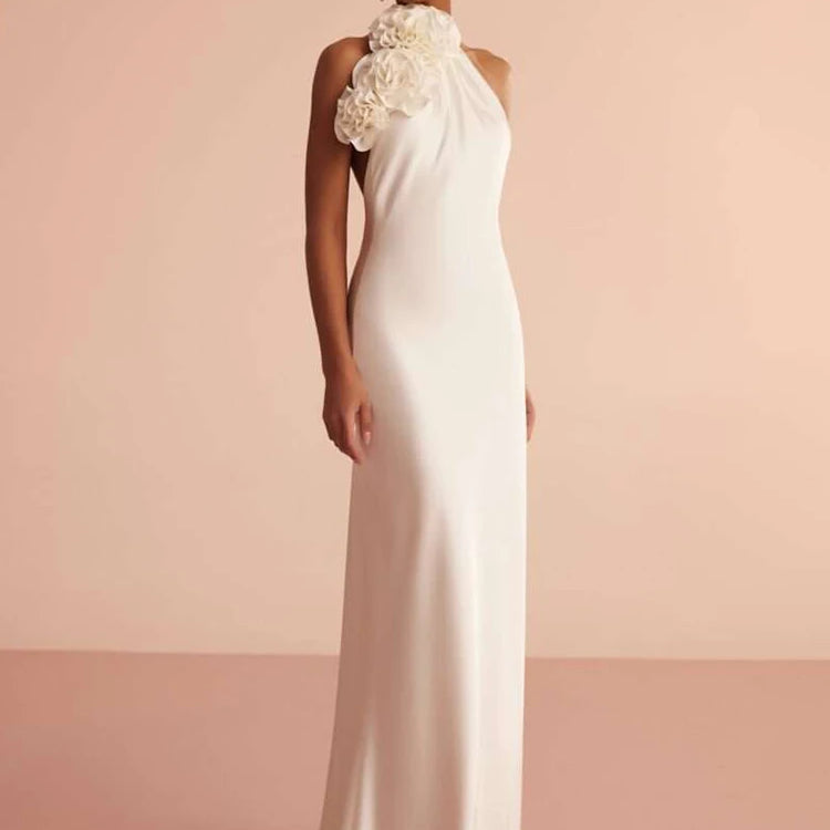 VC White Satin Halter Backless Long Dress For Women Sleeveless Flowers Embellished Slim Prom Elegant Evening Party Gowns