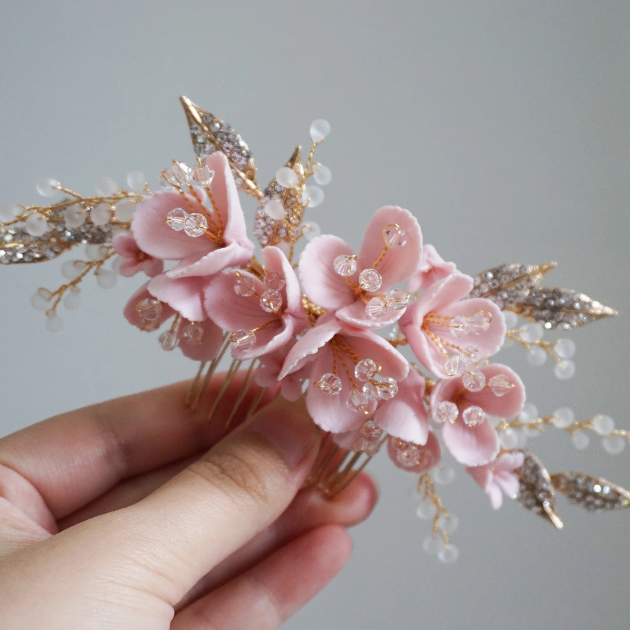 Pink Flower Bridal Hair Comb Rhinestone Leaf Headpiece Wedding Hair Jewelry Handmade Women Accessories