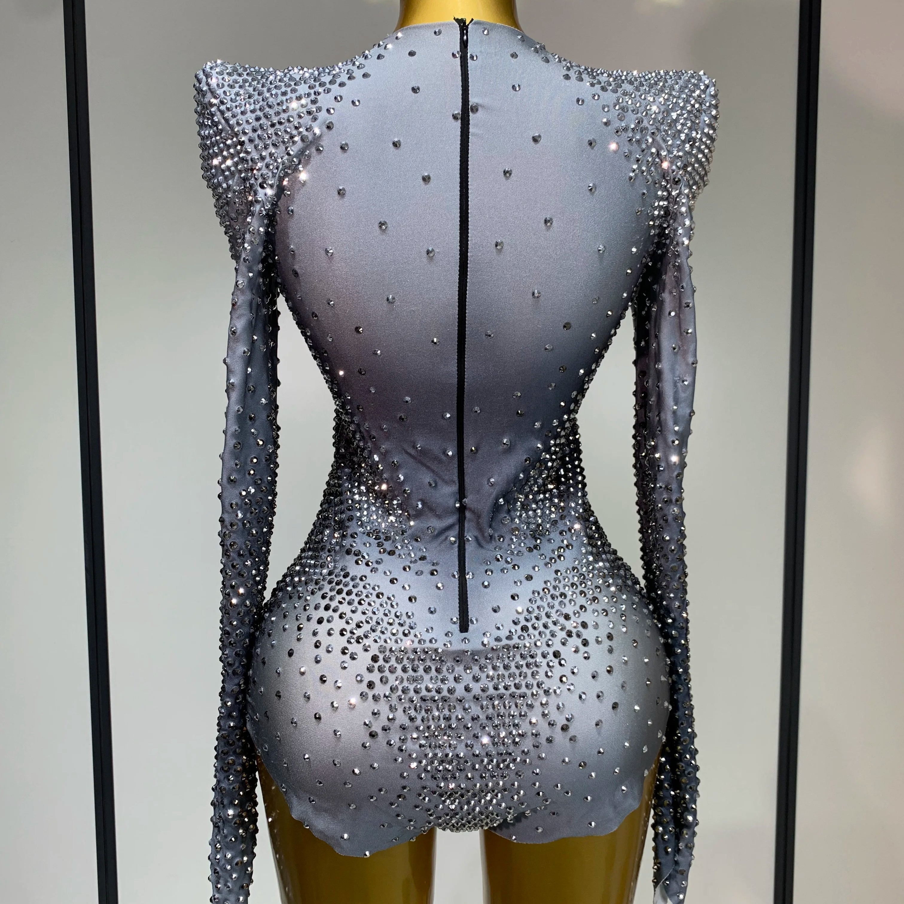 Sparkle Silver Rhinestones Stretch Bodysuits 2025 Women Luxury Birthday Evening Party Sexy Nightclub Singer Stage Costume