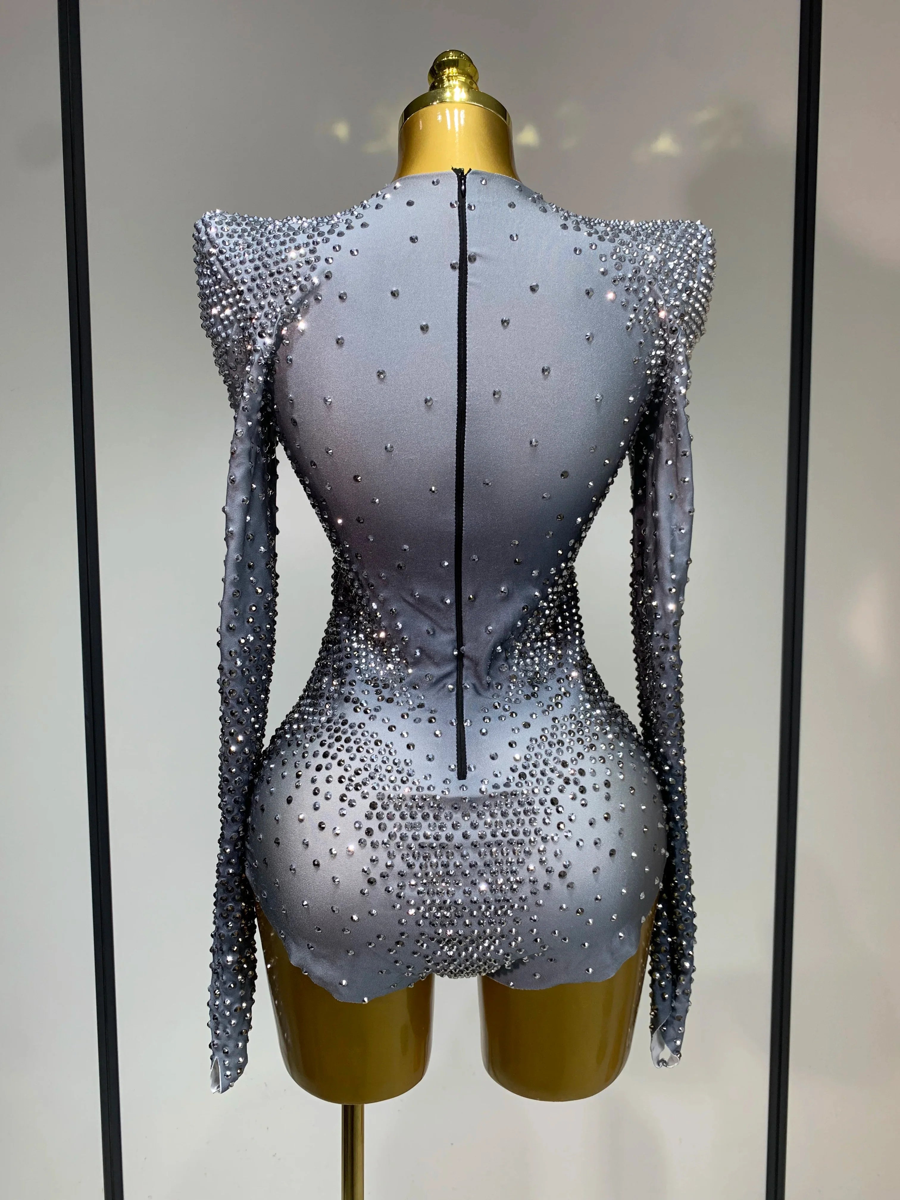 Sparkle Silver Rhinestones Stretch Bodysuits  Women Luxury Birthday Evening Party Sexy Nightclub Singer Stage Costume