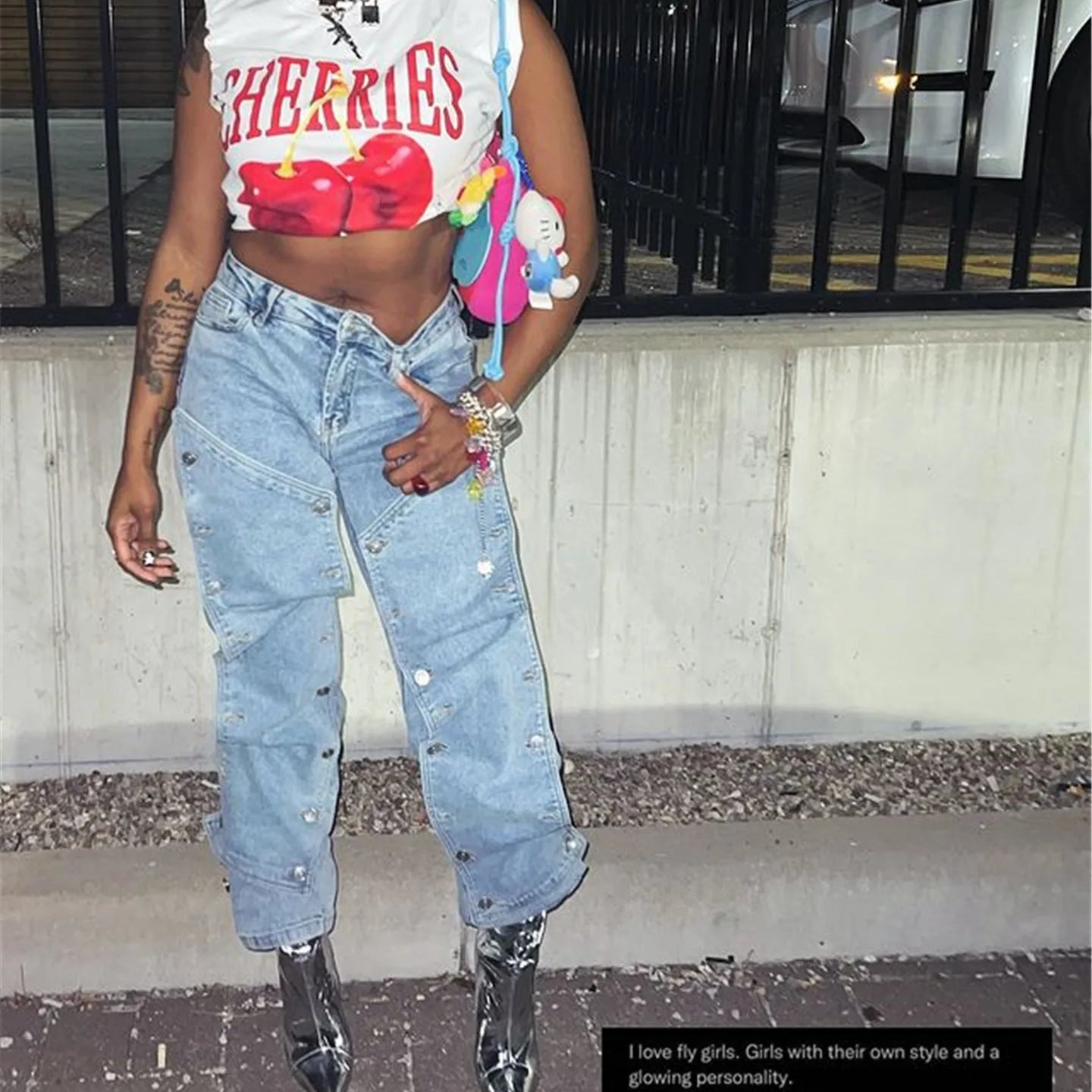 CM.YAYA Women Streetwear Button Cutout Cargo Straight Denim Wide Leg Jeans Pants 2024 INS Elastic Fashion Party Cargo Trousers