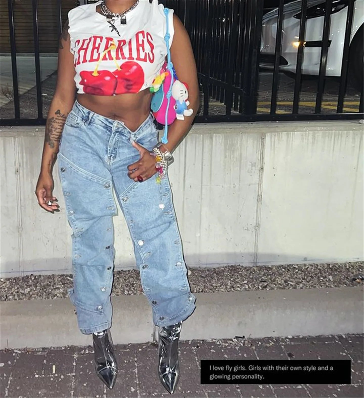 CM.YAYA Women Streetwear Button Cutout Cargo Straight Denim Wide Leg Jeans Pants 2024 INS Elastic Fashion Party Cargo Trousers