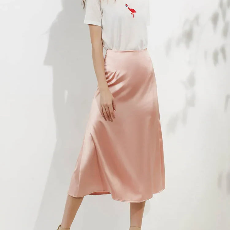 Silk Satin Skirts for Women Korean Style Champagne Office High Waist A-line Skirt Fashion Elegant Solid Long Pencil Skirt 2024 Pink