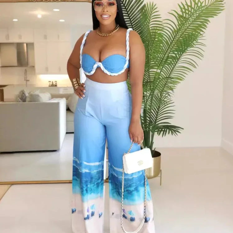CM.YAYA Summer Women's Set Beach Print Sleeveless Strapless Tops +Wide Leg Pants Suits Street Two 2 Piece Sets Bohemian Outfits