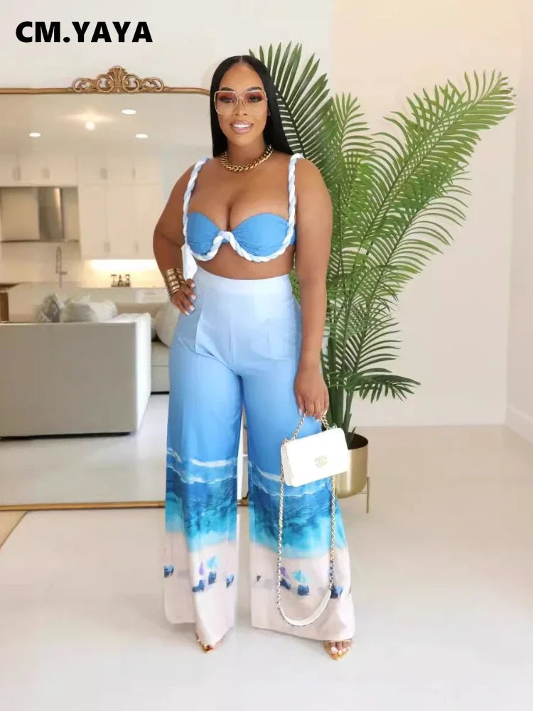 CM.YAYA Summer Women's Set Beach Print Sleeveless Strapless Tops +Wide Leg Pants Suits Street Two 2 Piece Sets Bohemian Outfits
