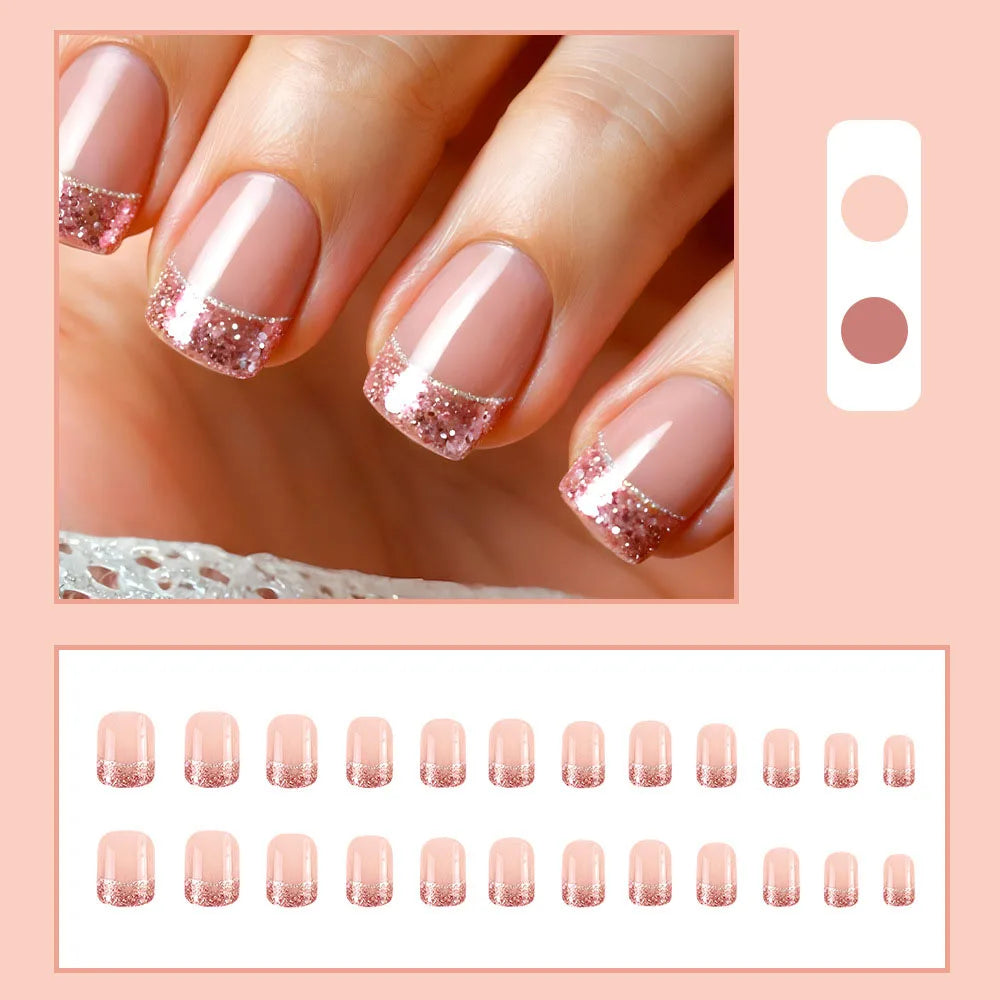 24pcs/set Short Medium fake nails for women girls gradient shiny glitters heart french Square almond tips Press on false nail