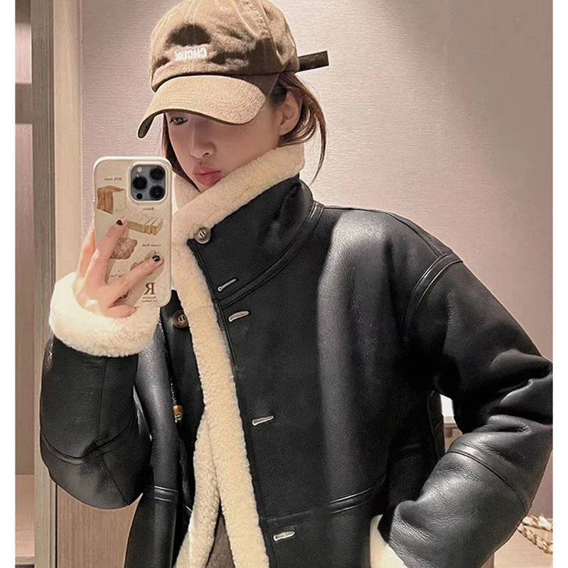 Lady Fashion Wool Jackets Women Fashion Real Wool Lamb Fur Coat Winter Jacket LSBH69 black