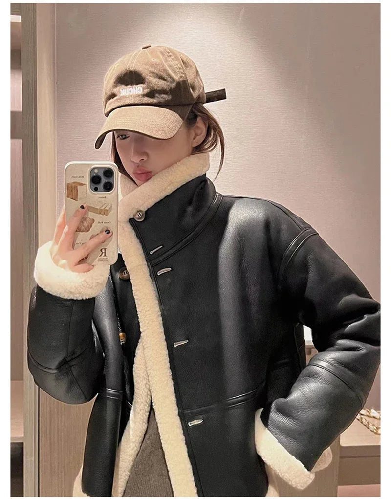 Lady Fashion Wool Jackets Women Fashion Real Wool Lamb Fur Coat Winter Jacket LSBH69 black