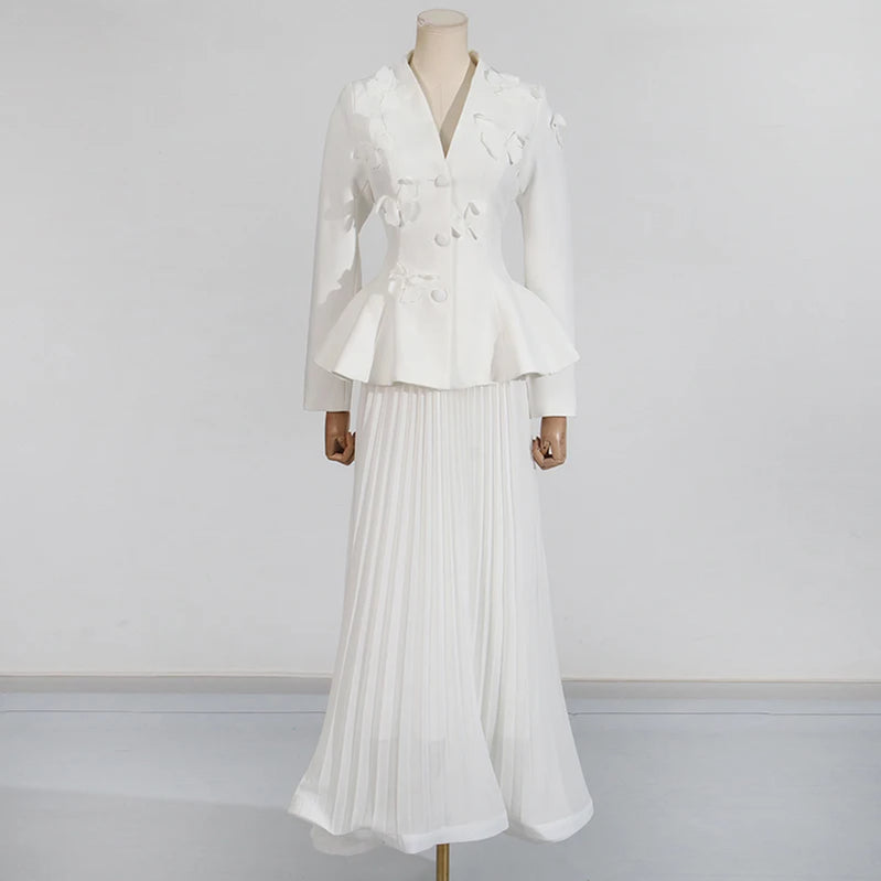 TWOTWINSTYLE Solid Two Piece Sets for Women V Neck Ling Sleeves Spliced Applique Top High Waist Patchwork Folds Skirt Set Female