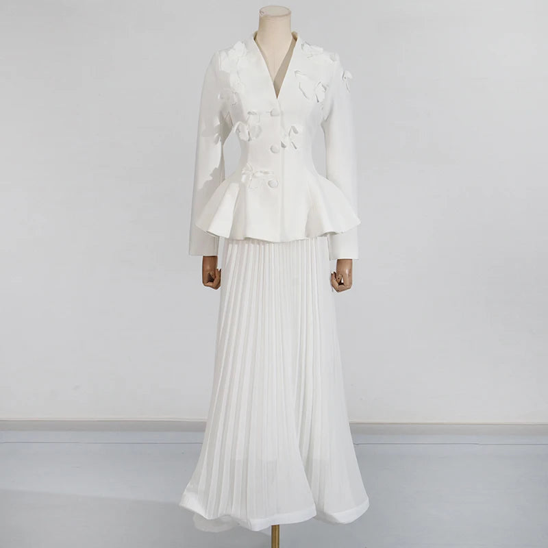 TWOTWINSTYLE Solid Two Piece Sets for Women V Neck Ling Sleeves Spliced Applique Top High Waist Patchwork Folds Skirt Set Female