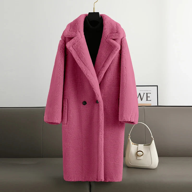 2022 Women Long Cashmere Coat Wool Woven Fabric Thick Warm Outerwear Oversize Fashion Streetwear Teddy Bear Winter Jacket Rose pink