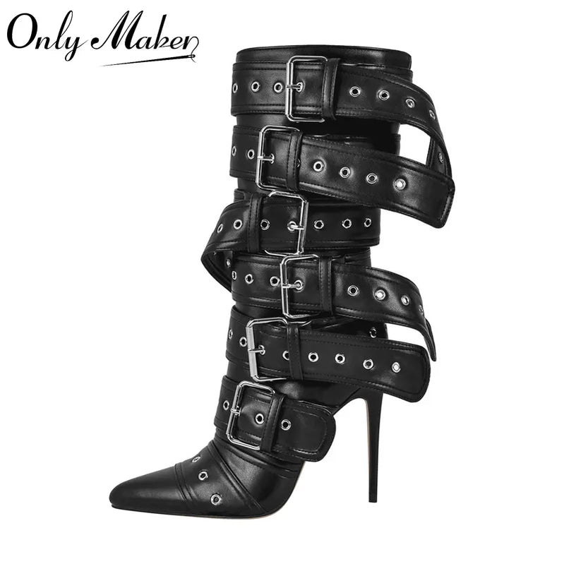 Onlymaker Botas femininas de cano médio com bico fino e alça com fivela, salto alto fino e zíper, botas femininas de salto alto 