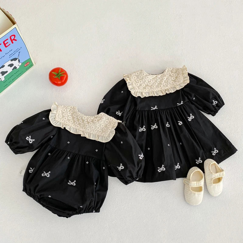 Sister Clothing Autumn Spring Kids Princess Dresses Baby Girls Rompers Long Sleeve Cotton Embroidery Children Clothes