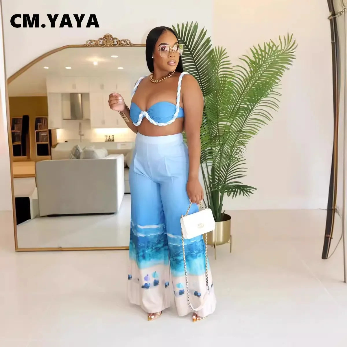 CM.YAYA Summer Women's Set Beach Print Sleeveless Strapless Tops +Wide Leg Pants Suits Street Two 2 Piece Sets Bohemian Outfits