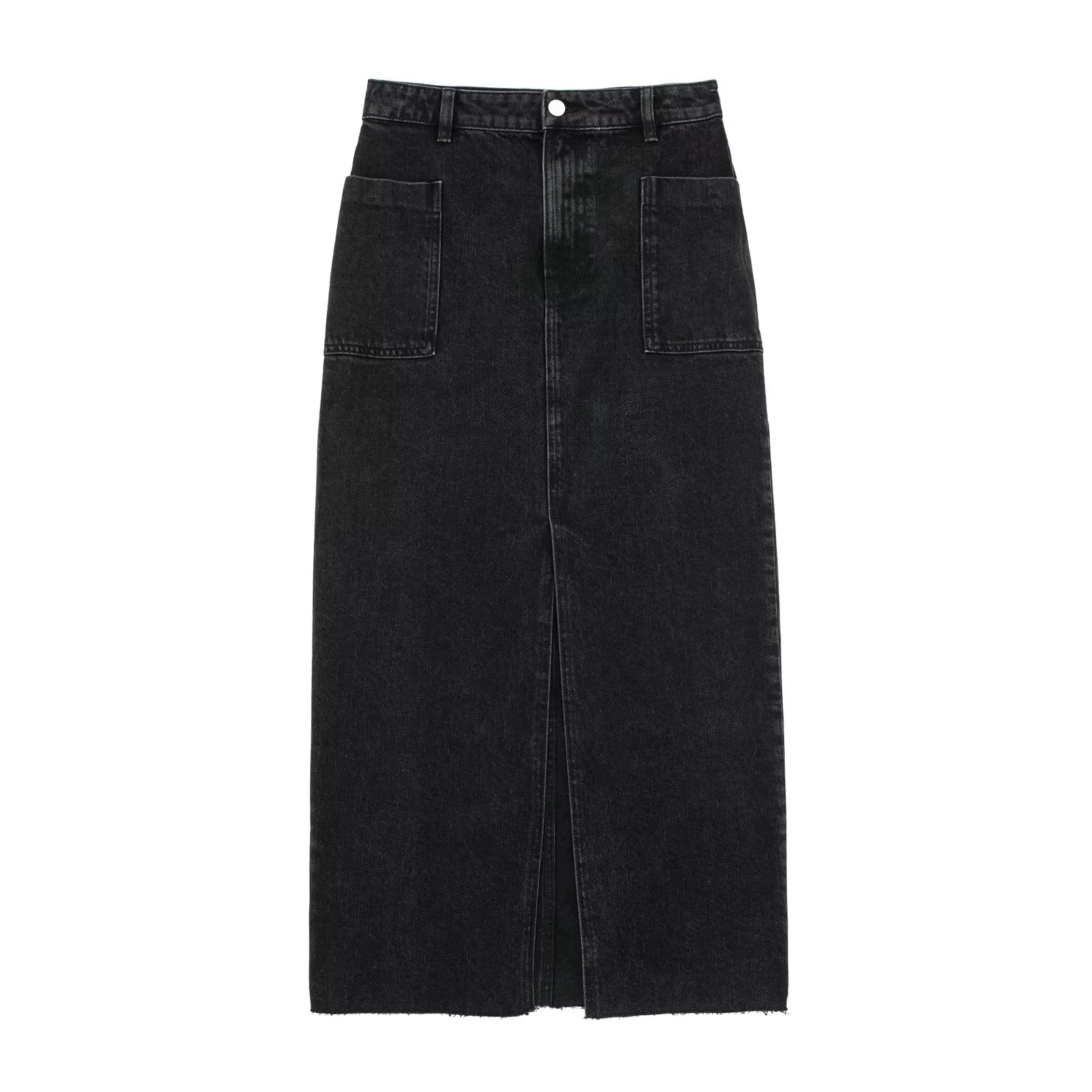 TRAF Fashion Midi Skirt Vintage Streetwear Skirts Women's High Waist Black Denim Skirt Woman Slit Jean Long Skirts For Women black