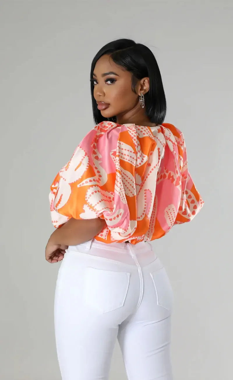 CM.YAYA Summer Street Women Shirts Fashion Ruched Short Puff Sleeve Mini Blouse 2024 Street Print Casual Holiday Shirts Tops