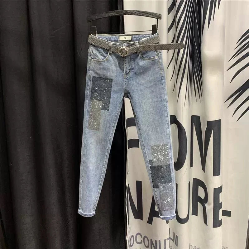 Streetwear Women Clothing High Waist Beading Jeans New Thin Slim Sequined Female Pencil Denim Pants Spring Summer Pantalon Femme Blue