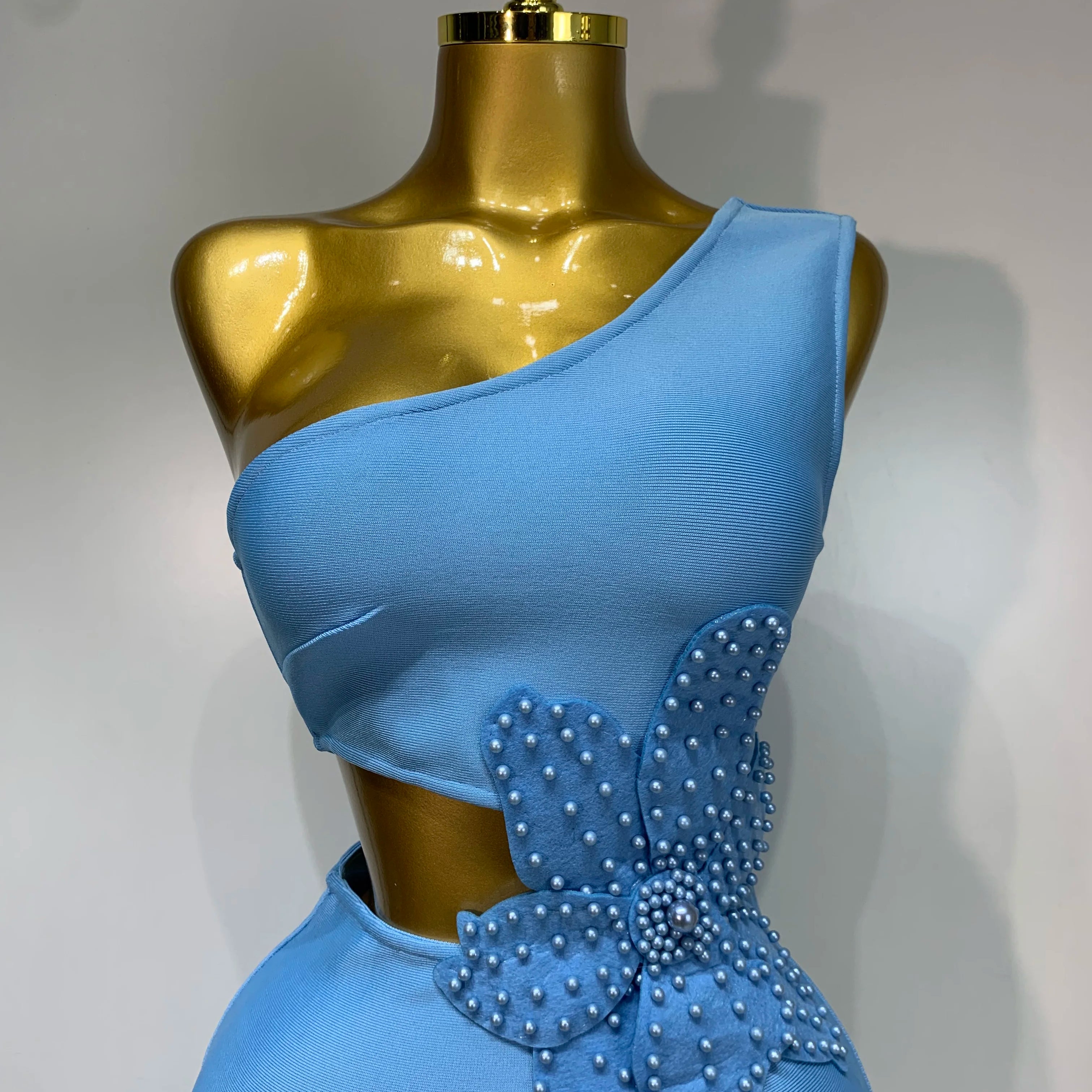 Women Sexy Luxury Birthday One Shoulder Pearl Sky Blue Bodycon Bandage Dress 2025 Celebrity Elegant Evening Club Party Outfit