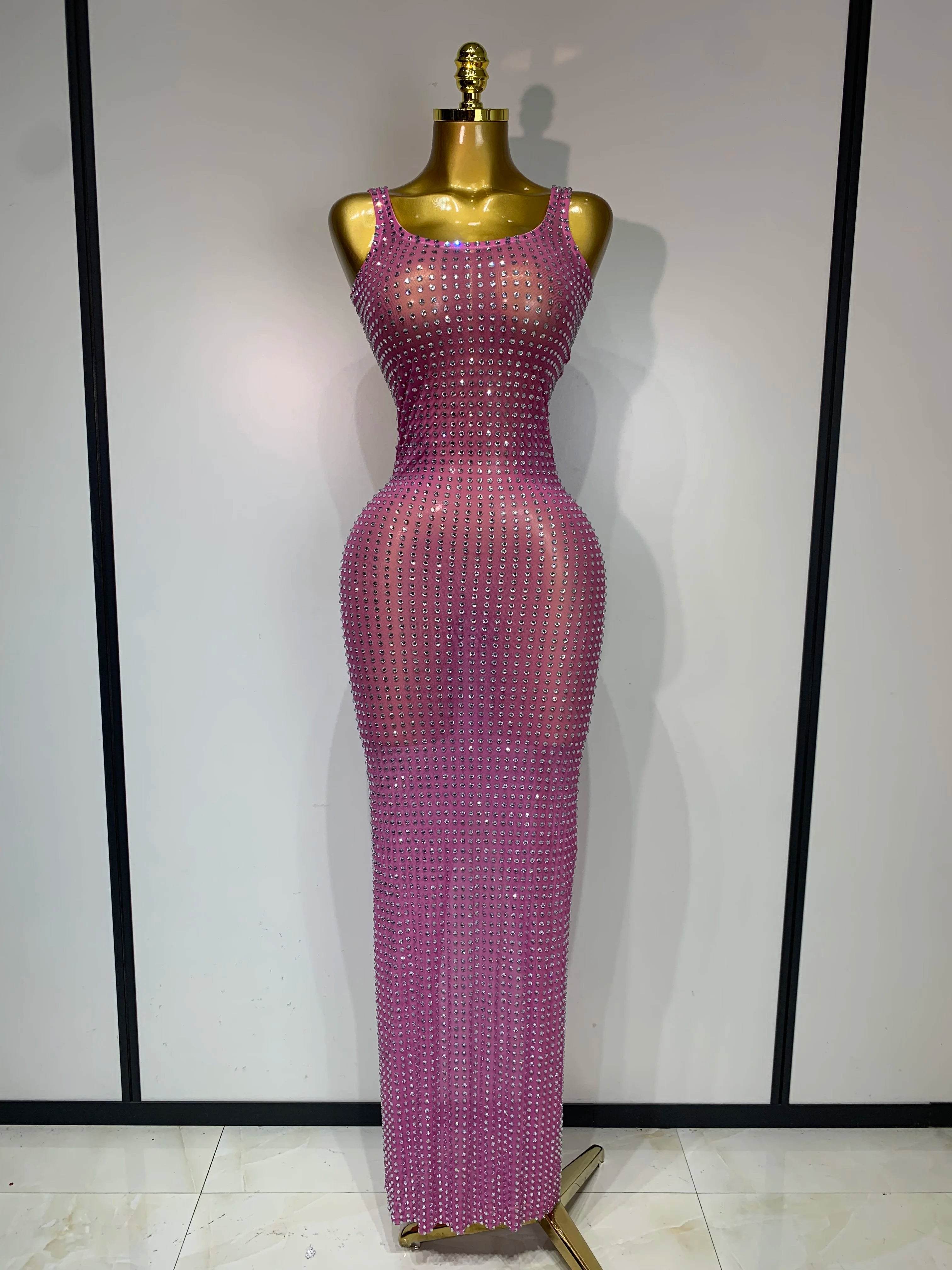 Women Sexy Mesh See Through Rhinestone Pink Long Maxi Dress Birthday Evening Party Costume Singer Stage Performance Costume