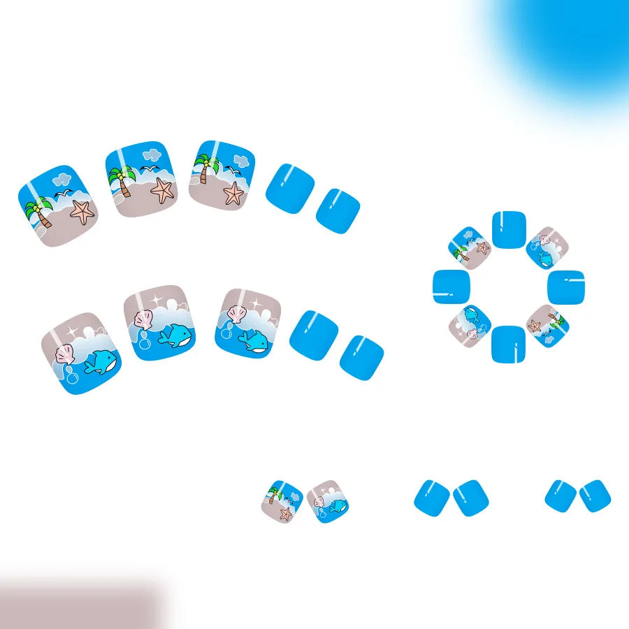 24pcs Summer Beach False Toenails Blue French Square Fake Toenails Wearable Coconut Trees Shell Print Press on Nails for Toe