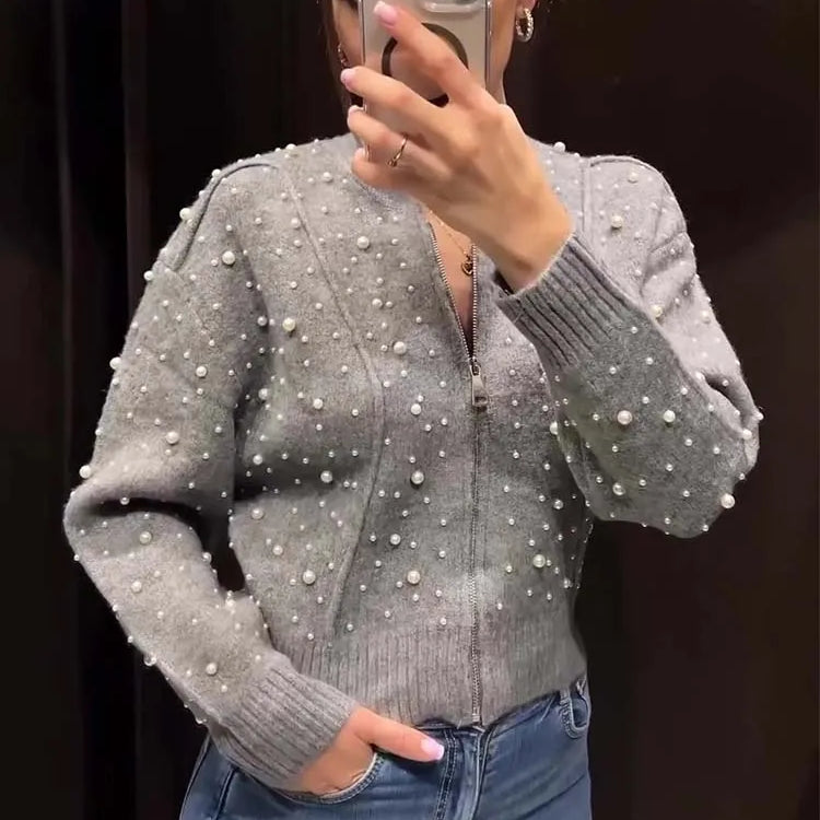 Artificial Pearls Cropped Jacket Women Knitted Coat Woman Long Sleeve Autumn Bomber Jackets For Women Short Coats