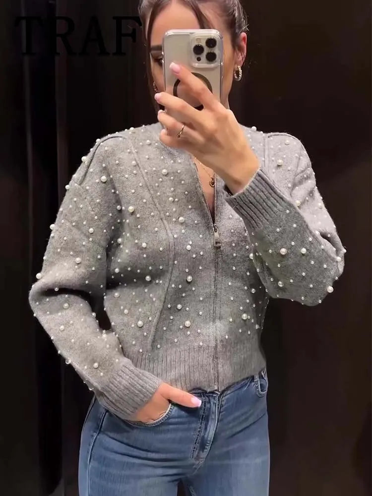 Artificial Pearls Cropped Jacket Women Knitted Coat Woman Long Sleeve Autumn Bomber Jackets For Women Short Coats