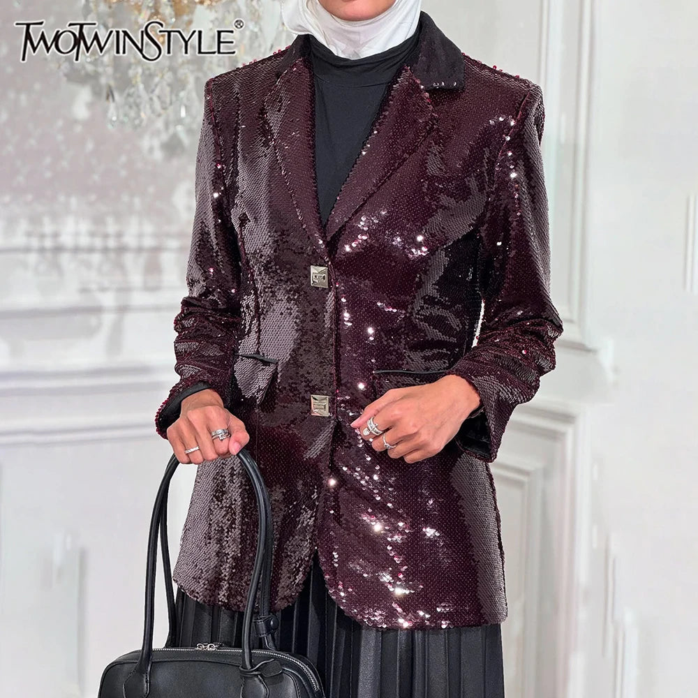TWOTWINSTYLE Solid Slimming Spliced Sequins Blazer for Women Lapel Long Sleeves Patchwork Pockets Coat Female Fashion Clothing