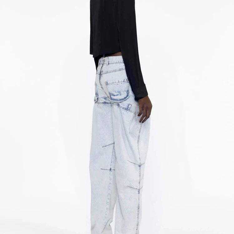 CHICEVER Minimalist Loose Denim Trouser For Women High Waist Patchwork Pockets Irregular Casual Solid Pant Female Summer Clothes