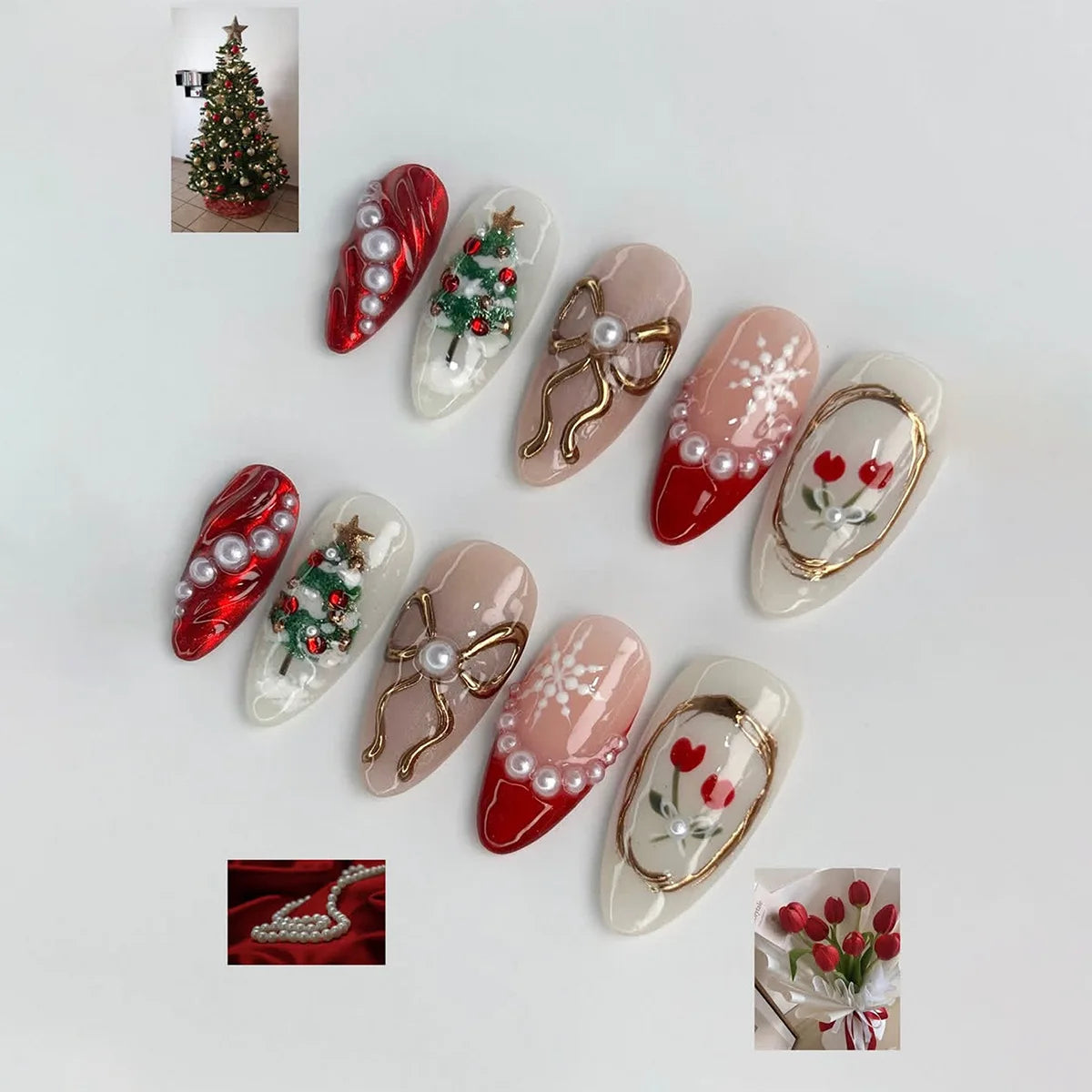 24Pcs Mid-length French Almond Press on Fake Nails 3D Bow Christmas Tree False Nails Snowflake Rhinestone Full Cover Nails Tips