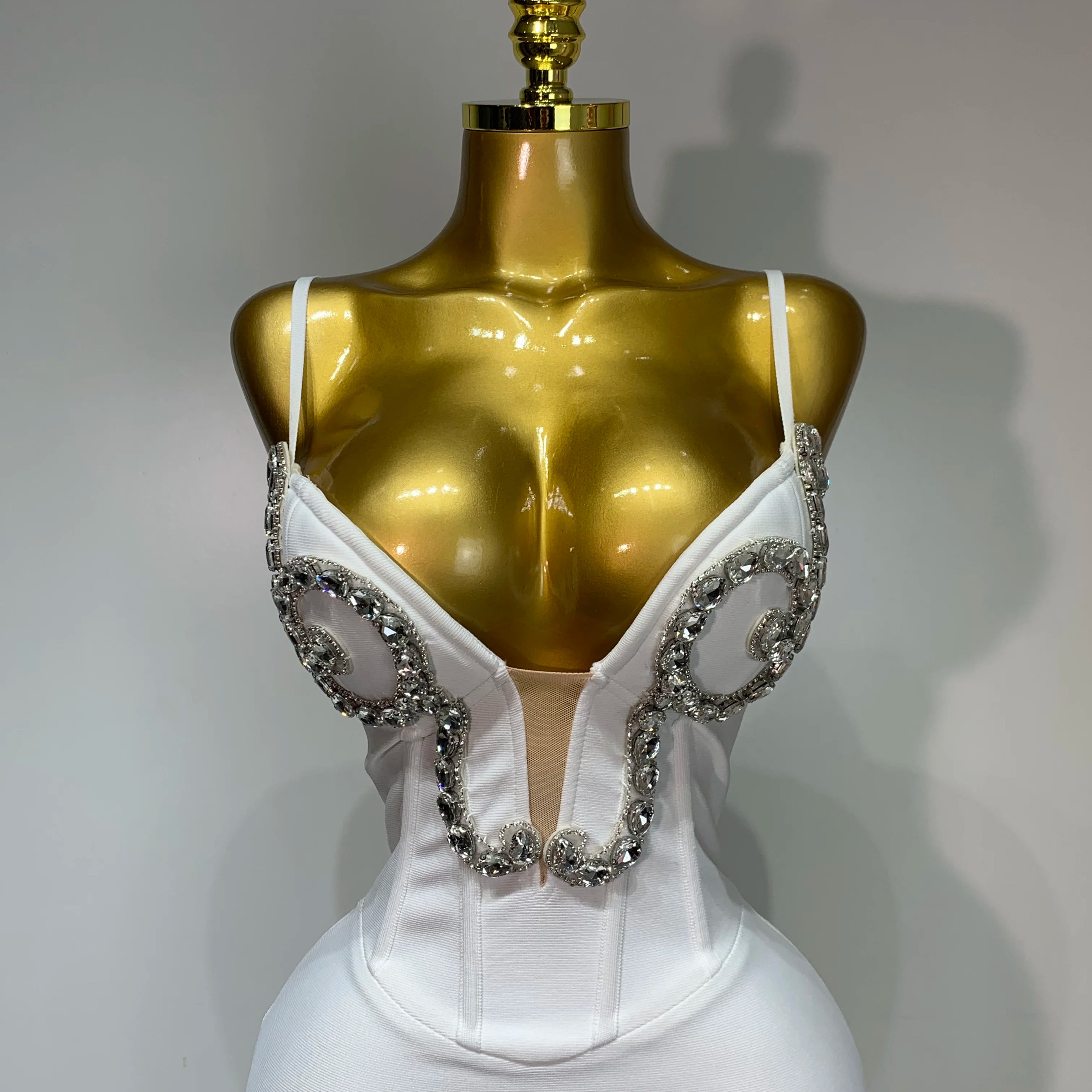 Women Sexy Spaghetti Strap V Neck Crystal Sleeveless Bandage Dress White Elegant Evening Party Cocktail  Luxury Birthday Gowns