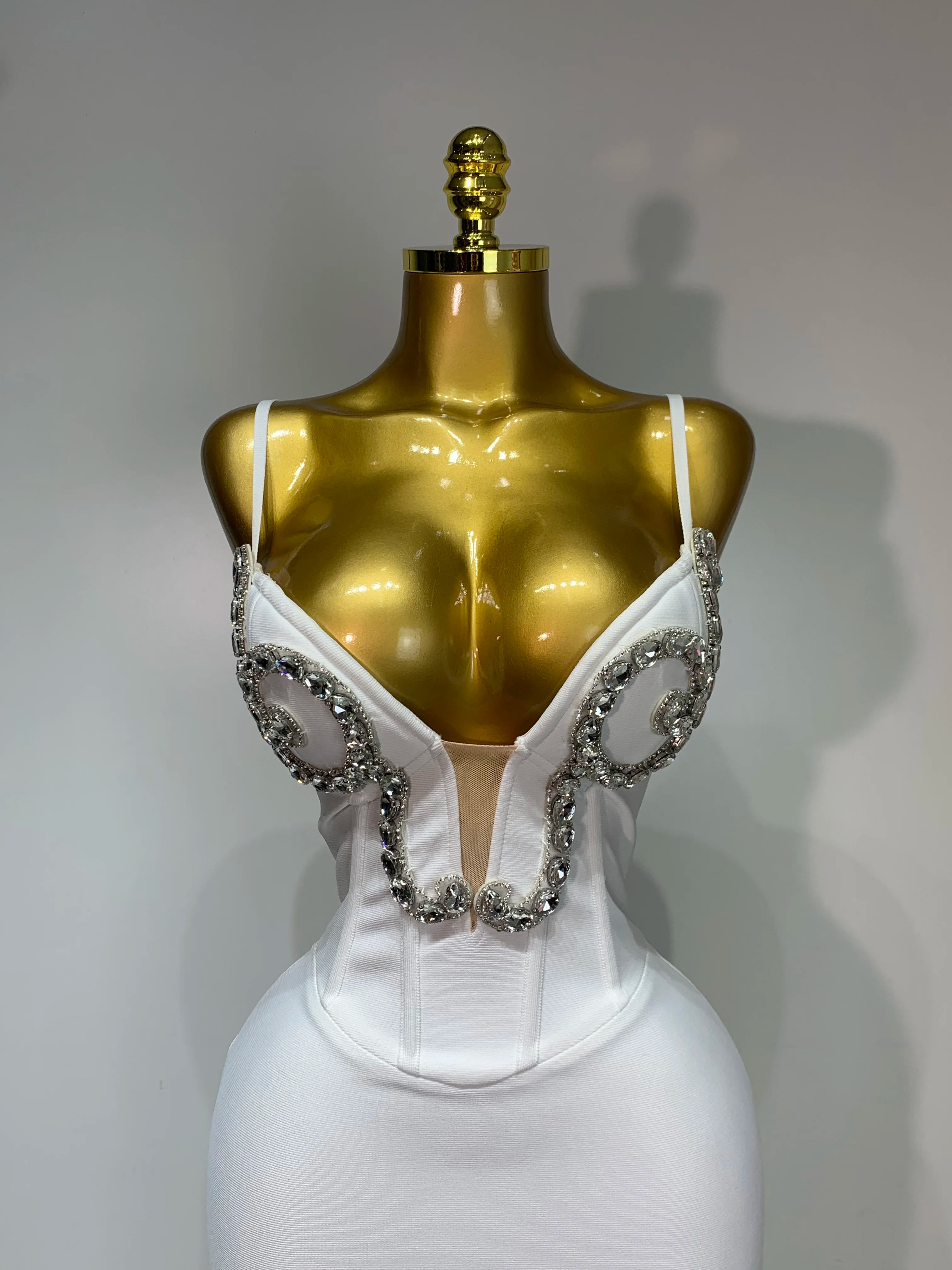 Women Sexy Spaghetti Strap V Neck Crystal Sleeveless Bandage Dress White Elegant Evening Party Cocktail  Luxury Birthday Gowns