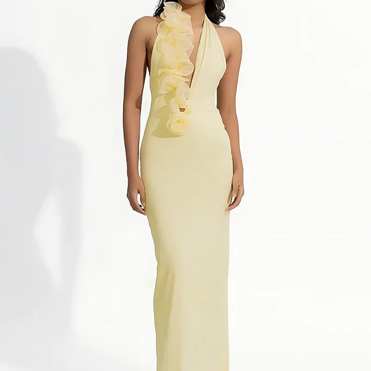 Mesh Rose Deep V Neck Sexy Maxi Dress For Women Gown Elegant Halter Sleeveless Backless Bodycon Club Party Long Dress