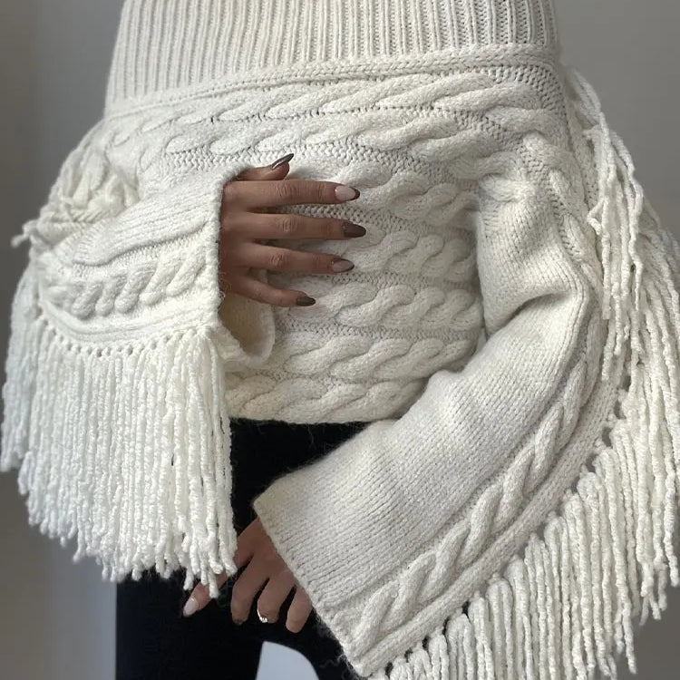 Thicken White Tassel Off Shoulder Sweater Women Elegant Slash Neck Long Sleeve Short Wool Pullover Winter Lady Knit Jumpers