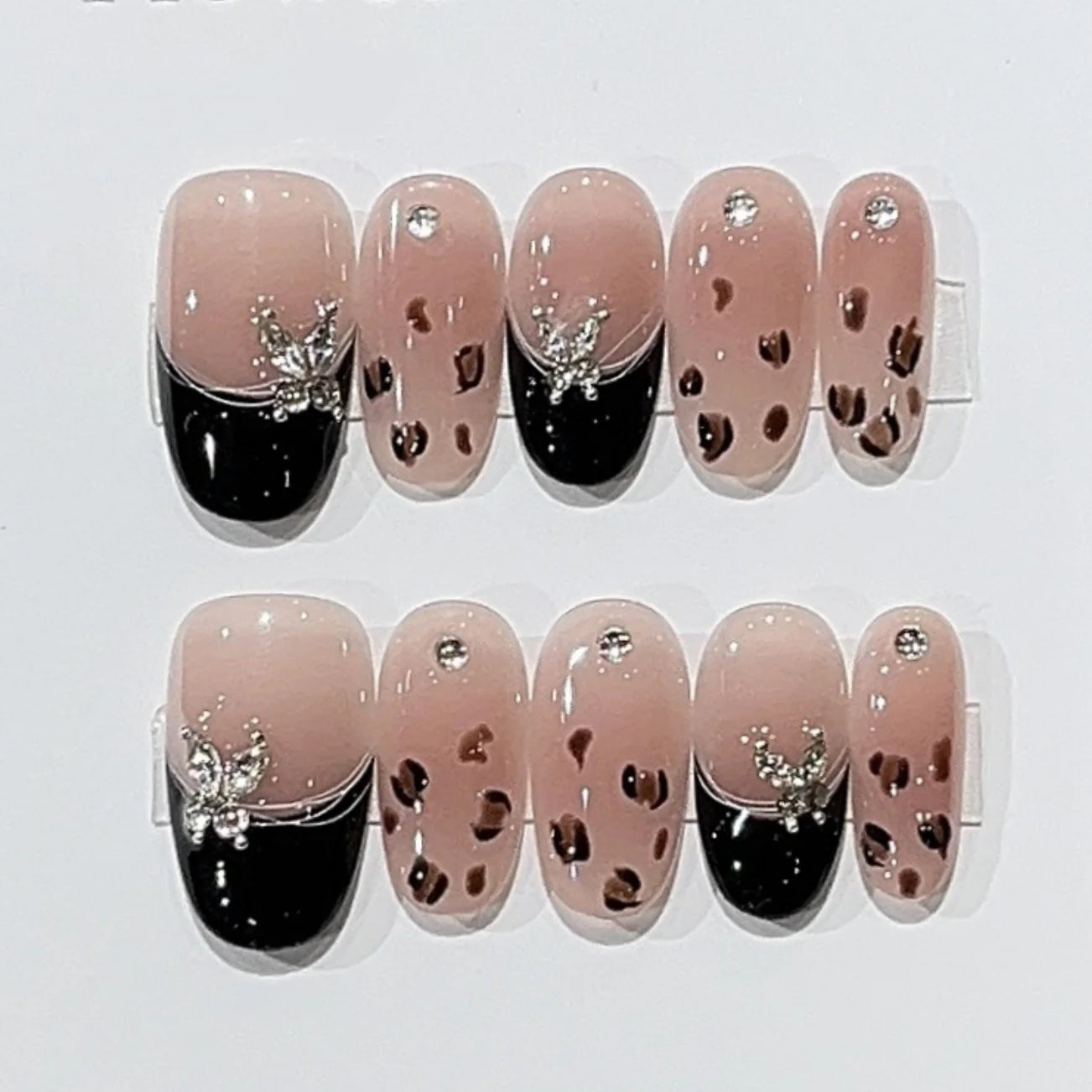 10pcs Glitter Mid-length Oval Handmade Press on Nails Art Nude Color Fake Nails Tips French Leopard Print Cat's Eye False Nail