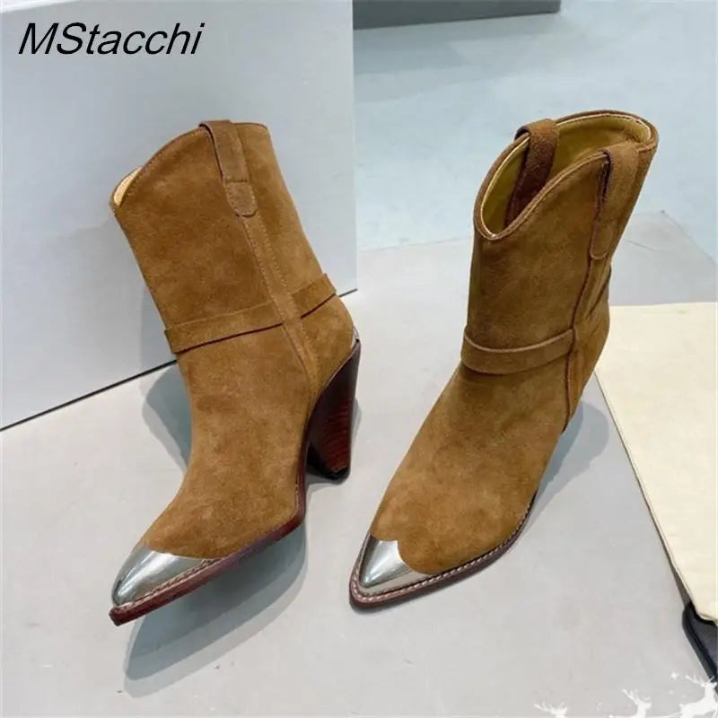 Metal Toe Women's Knight Boots Elegant Genuine Suede Leather Short Boots Ladies Strange Heel Shoes Women Slip-on Mid-calf Boots