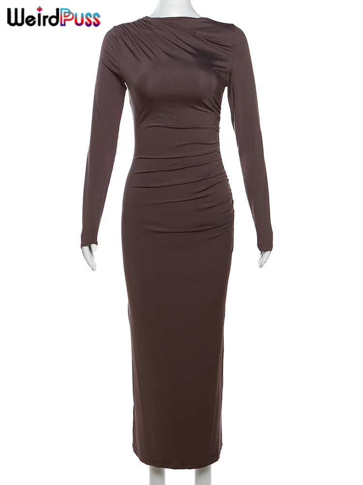 Weird Puss Elegant Temperament Women Maxi Dress Full Sleeve O Neck Zipper Solid Autumn Fashion Bodycon Evening Party Vestidos