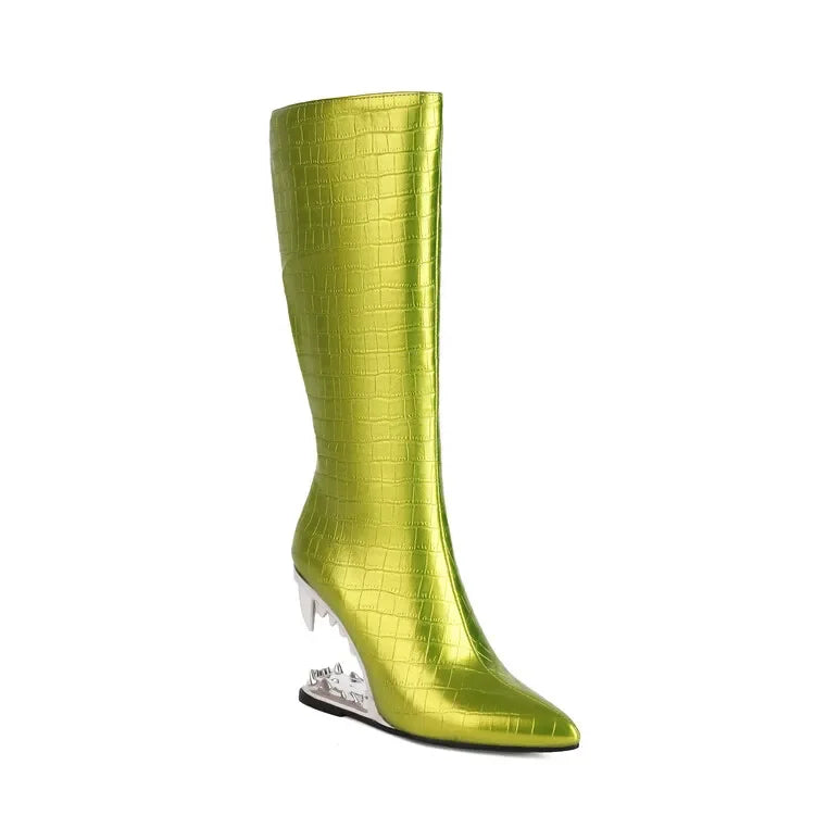 Short Plush 10cm Wolf Teeth Heel Knee Length Boots Back Zipper Pointed Colored Calf Winter Boots Silver Autumn Boots 506-green Plush-ZIP