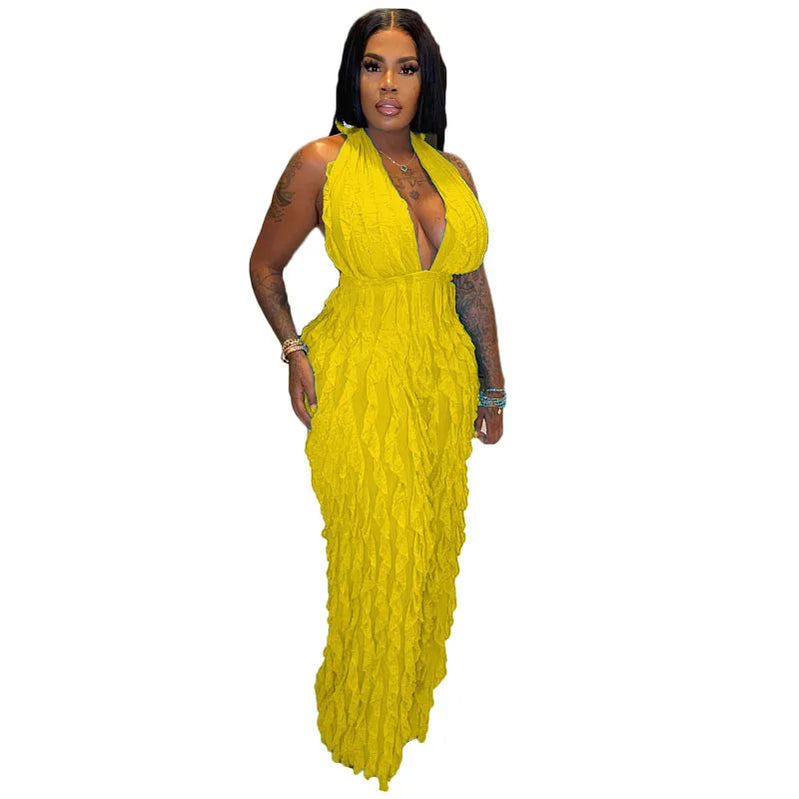 CM.YAYA Fashion Ruffles Women Halter Deep V-neck Backless Wide Leg Jumpsuit 2023 Sleeveless Chic Playsuit One Piece Suit Romper Yellow
