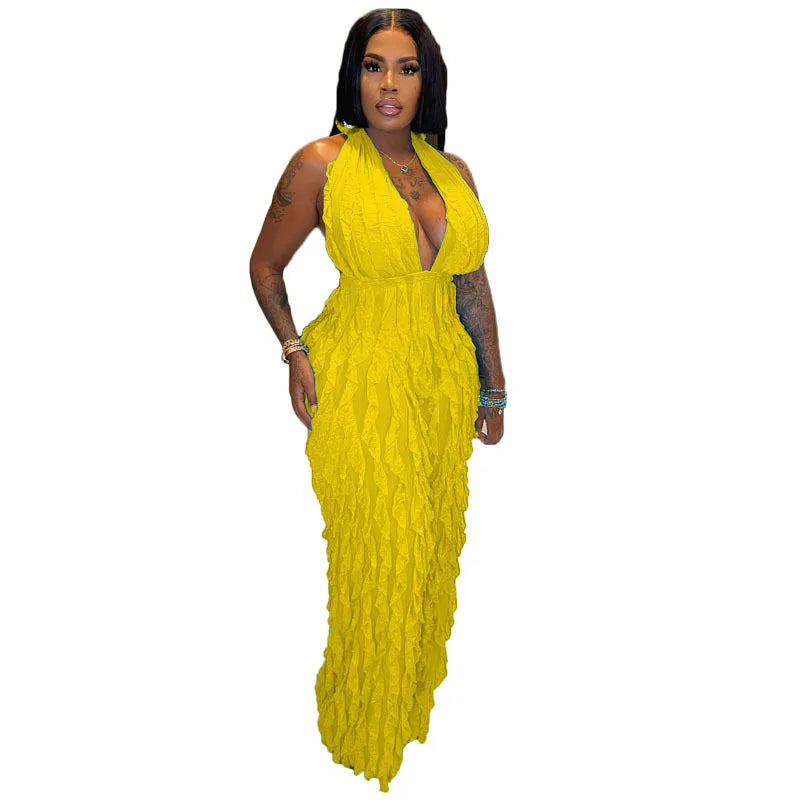 CM.YAYA Fashion Ruffles Women Halter Deep V-neck Backless Wide Leg Jumpsuit 2023 Sleeveless Chic Playsuit One Piece Suit Romper Yellow