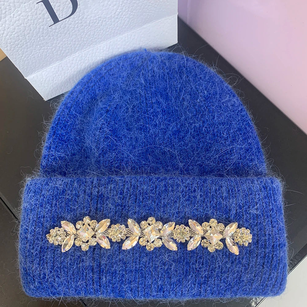 Real Rabbit Fur Knitted Hats for Women Winter Warm Beanie Luxury Rhinestones Bonnet Lady Outdoor Skiing Skullies Beanies Caps royal blue