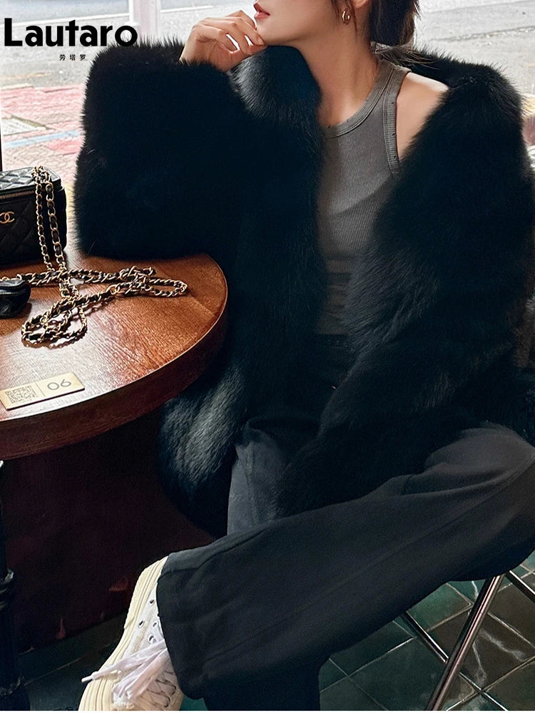 Autumn Winter Black Thick Warm Soft Hairy Shaggy Faux Fox Fur Coat Women Stand Collar Luxury Designer Fluffy Jacket 2024